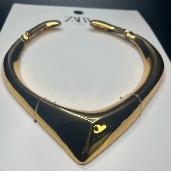 zara chunky gold collar necklace v-shaped statement neckpiece - Picture 2 of 5